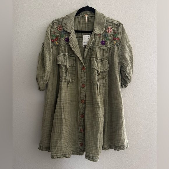 NWT FREE PEOPLE Tracking Trails Shirt Dress M Olive Branch - Picture 5 of 9